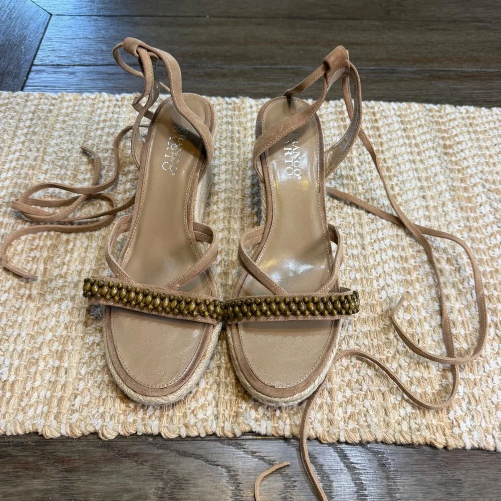 Franco Sarto Herbal Tan Leather Beaded Espadrille Wedge Sandals Womens 9M